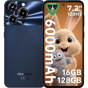 OUKITEL C69 Smartphone Android 15-7.2" HD+ Schermo Grande, 64MP+8MP Camera 6000mAh Telefono Cellulare, 16GB RAM+128GB ROM(TF 1TB) Cellulare 4G Dual SIM Telefono/Face ID/Impronta digitale/OTG,Nero