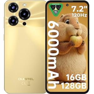 OUKITEL C69 Smartphone Android 15-7.2" HD+ 120Hz Schermo Grande, 64MP+8MP Camera 6000mAh Telefono Cellulare,16GB RAM+128GB ROM TF/1TB Cellulare 4G,Dual SIM Telefono/Face ID/Impronta digitale/OTG,Oro