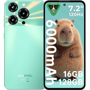 OUKITEL C69 Smartphone Android 15-7.2" HD+ 120Hz Schermo, 64MP+8MP Camera 6000mAh Telefono Cellulare, 16GB RAM+128GB ROM(TF 1TB) Cellulare 4G, Dual SIM Telefono/Face ID/Impronta digitale/OTG,Verde