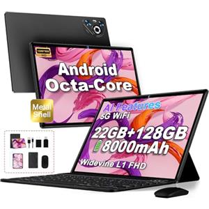 Dghrti 2025 Newest Tablet 10 pollici Android 14, 22GB RAM 128GB ROM/TF 1TB, Octa-Core, 8000mAh, Corpo in Metallo, BT5.0, WiFi 5G/2.4G, Face ID, 8MP+5MP, Widevine L1, Tastiera, Mouse, Black