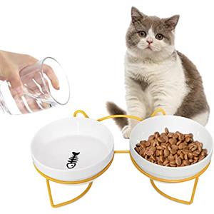 Sosayet Ciotola Gatti Rialzata, 15° Inclinate Doppio Gatto Ciotola Riduce la Pressione sulle Vertebre Cervicali del Gatto, Prevenire Il Trabocco,Adatto a Gatti e