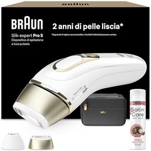 Braun Silk·expert Pro 5 Epilatore Luce Pulsata, Epilazione A Casa, Alternativa All'Epilazione Laser, Con Custodia, 2 Testine, Idea Regalo, Bianco/Oro, PL5140 e Satin Care Gel Per Depilazione Karite