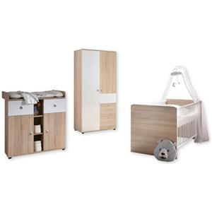 Stella Trading Wiki Completo per cameretta dei Bambini, in Rovere mobili da 3 Pezzi, Composto da Armadio, Culla e fasciatoio, Legno, Quercia Sonoma/Bianco, Komplett-Set
