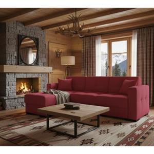 Dmora Divano Letto con penisola Fernando, Divano ad Angolo Reversibile, Sofà Contenitore da Soggiorno con Chaise Longue e 2 Cuscini, 230x150h81 cm, Rosso
