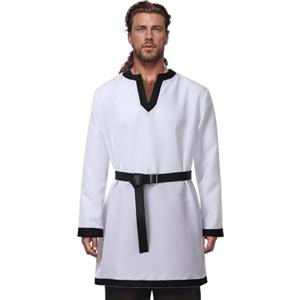BPURB Uomo medievale Cavaliere Tunica Guerriero Vichingo Camicie a maniche lunghe con cintura Pirati LARP Cosplay Costume, bianco, L