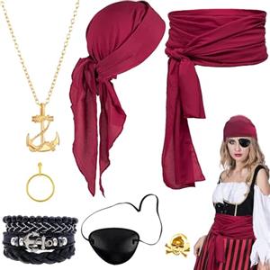 AUNGKWANG 7 Pezzi Accessori Pirata, Accessori Costume da Pirata per Adulti Set, Bandana da Pirata E Cintura, Catena Con Ciondolo A Forma di Ancora, Accessori Pirata Donna per Carnevale
