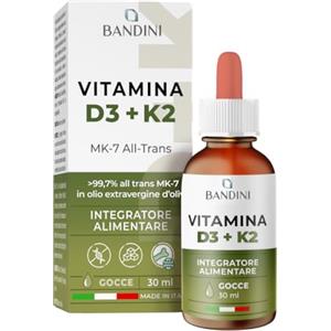 Bandini® Vitamina D3 K2 Gocce, in Olio Extra Vergine di Oliva EVO, Vitamine D Colecalciferolo 1000 UI per Goccia + Vit K MK-7 Menachinone Kappa 99,7% 100 mcg per Goccia, con pratico Contagocce