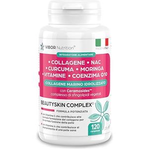 ViborDesign Vibor 120 Cps Beauty Skin Complex 10 in 1 Integratore Pelle Donna Uomo Con Collagene Marino Idrolizzato, Ceramosides, NAC, Curcuma, Moringa, Coenzima Q10, Pelle Luminosa, Antietà, Made In Italy