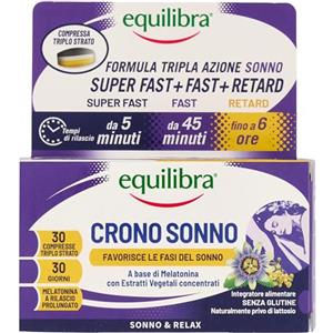 Equilibra Integratori Alimentari, Crono Sonno, Integratore a Base di Melatonina ed Estratti Vegetali in Compresse con Tecnologia Innovativa Super Fast + Fast + Retard, 30 Compresse Triplo Strato