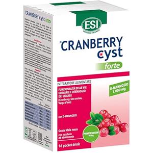 ESI, Cranberry Cyst Forte, Integratore Alimentare per la Funzionalità delle Vie Urinarie e il Drenaggio dei Liquidi Corporei, con D-Mannosio, a Base di Uva Ursina e Tè Verde, 16 Pocket Drink
