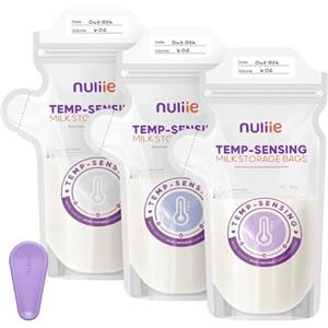 Nuliie 90 sacchetti per latte materno con rilevamento della temperatura, enorme icona di rilevamento della temperatura e morsetto di bloccaggio, sacchetti per latte materno da 170 g, beccuccio per