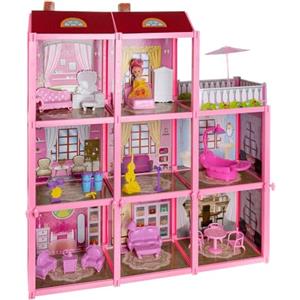 KRUZZEL Casa delle Bambole Grande 3 Piani 8 Camere Balcone 22 Mobili per Ragazze Giochi di Ruolo Giocattolo Educativo Rosa 22611