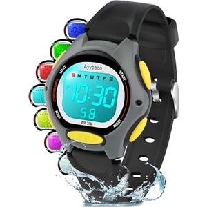Ayybboo Orologio per bambini, un modello di visualizzazione (ore/settimana), WR30M impertinente, maschere in acciaio inox, silicone adatto anche per sport all'aria aperta (nero), Nero