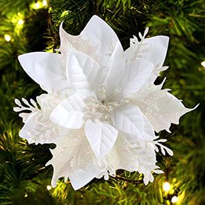 FurRain Stella di Natale artificiali, decorazioni natalizie glitterate, fiori di Natale, decorazioni natalizie per albero di Natale, ghirlande per Capodanno, feste di nozze, ornamenti (bianco)