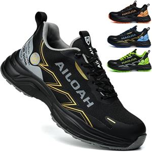 UOQC Scarpe Antinfortunistiche Uomo Leggere Donna Scarpe da Lavoro Traspiranti Comode Scarpe con Punta in Acciaio Antiscivolo, Resistenti agli Urti E alle Punture Scarpe Protettive Nero Taglie 44