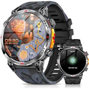 Mingdaln Orologio intelligente militare con GPS/bussola, orologio intelligente con assistente vocale GPT,a schermo AMOLED da 1,56" Per uomini, compatibile con Android e iOS (Nero)