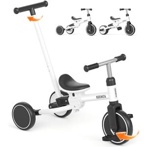 KORIMEFA Triciclo Bambini 1 anno con barra di spinta, triciclo per bambini 5 in 1 da 1 a 3 anni, sedile regolabile, pedali rimovibili, Bicicletta per Bimba e Bimbo (bianco)