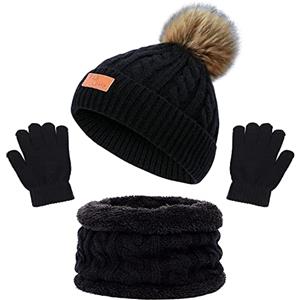 beifon Cappello a Maglia Bambini Invernale Sciarpa Guanti Berretto in Maglia con PomPom Ragazzi Berretto Sciarpa Beanie Cappello Scaldacollo per Ragazzo e Ragazza（3-8 anni）