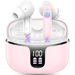 Renimer Cuffie Bluetooth Stereo HiFi Immersivo con HD Mic - Wireless in Ear 40H LED Display - IP7 Impermeabili Touch Control Auricolari Senza Fili USB-C Rosa
