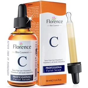 Florence 60ml. Bio Siero Vitamina C e Vit. E. Siero Viso Acido Ialuronico Antirughe, Antimacchie Illuminante, e Antietà. Ideale Come Crema Contorno Occhi e per Dermaroller. Biologico,Vegano