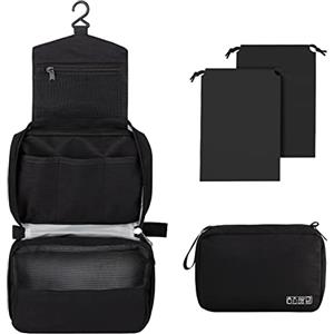 Larkumio Beauty Case Donna Uomo da Viaggio Grande Impermeabile, Borsa da Toilette Beautycase Porta Trucchi con Gancio e Maniglia, 1 Portatrucchi + 2 Borse con Coulisse, Nero