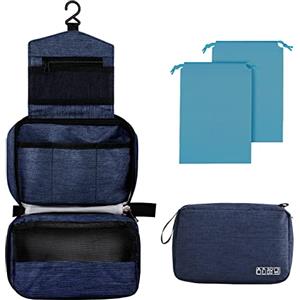Larkumio Beauty Case Donna Uomo da Viaggio Grande Impermeabile, Borsa da Toilette Beautycase Porta Trucchi con Gancio e Maniglia, 1 Portatrucchi + 2 Borse con Coulisse, Blu Scuro