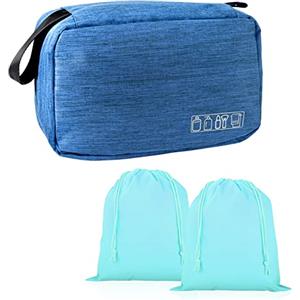 Larkumio Beauty Case Donna Uomo da Viaggio Grande Impermeabile, Borsa da Toilette Beautycase Porta Trucchi con Gancio e Maniglia, 1 Portatrucchi + 2 Borse con Coulisse, Azzurro