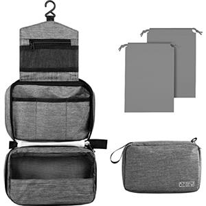 Larkumio Beauty Case Donna Uomo da Viaggio Grande Impermeabile, Borsa da Toilette Beautycase Porta Trucchi con Gancio e Maniglia, 1 Portatrucchi + 2 Borse con Coulisse, Grigio