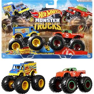 Hot Wheels Monster Trucks Demolition Doubles , confezione da 2 con diversi modelli, incl. statistiche dettagliate sulla resistenza, ruote enormi e dettagli malvagi, il design può variare, FYJ64