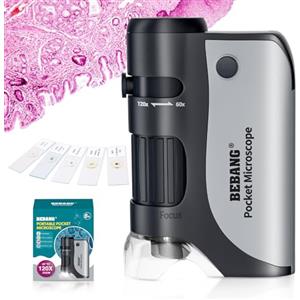 BEBANG Microscopio tascabile per bambini, mini microscopio Ottico con zoom illuminato a LED, 5 vetrini preparati, Plus-microscopio biologico portatile per studenti, osservazione microbiologica (Nero)