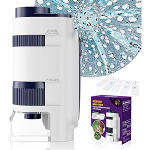 BEBANG Microscopio tascabile per bambini, mini microscopio Ottico con zoom illuminato a LED, 5 vetrini preparati, Plus-microscopio biologico portatile per studenti, osservazione microbiologica (Bianco)