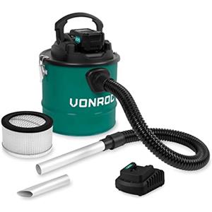 VONROC Aspiracenere a batteria, con filtro HEPA, intercambiabile e lavabile,bidone da 12 L ideale per aspirare ceneri fredde da barbecue, stufe e caminetti, incl. 4.0ah batteria e caricabatteria