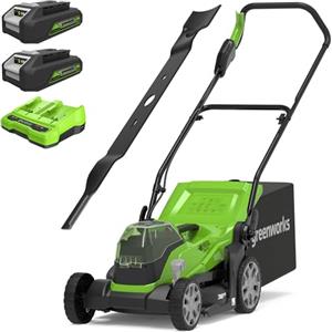 Greenworks G24X2LM36K2X Tagliaerba a Batteria, Ampiezza di Taglio 36cm, Sacca da 40L CON Due Batterie 2 x 24V (Pari a 48V) & Caricabatterie Doppio + Greenworks Lama di Ricambio da 35 cm