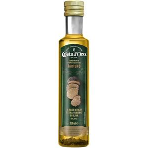 Costa d'Oro - Olio aromatizzato al tartufo, 250 ml. Olio Extravergine di Oliva estratto a freddo, ideale a crudo su pasta e risotti. Bottiglia da 25 cl.
