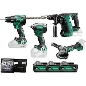 HiKOKI Kit Combinato a Batteria - Trapano Avvitatore, Avvitatore a Impulsi, Smerigliatrice Angolare, Martello Perforatore, 3 Batterie da 5.0Ah, Caricabatterie, Borsa da Trasporto - Potente e Versatile