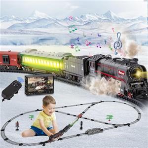 Joellfuner Trenino Elettrico per Bambini, Locomotiva a Vapore, Trenino Elettrico Natalizio con Affumicato, Luci e Suoni, Treni Elettrico Giocattolo con Pista Lunga per Regali di Natale (old school)