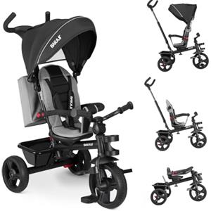 BAKAJI Triciclo Passeggino 4 in 1 per Bambini, Pedali o Manico Antiscivolo Ergonomico per Spinta, Sediolino Imbottito, Cinture di Sicurezza, Asta Direzionabile, Tettuccio Cappottino Parasole (Nero)