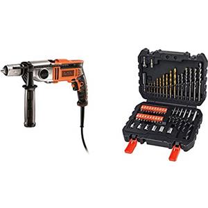 BLACK+DECKER KR911K-QS Trapano a Percussione, a 2 Velocità Meccaniche, 910 W + A7188-XJ Set per Forare ed Avvitare, 50 Pezzi
