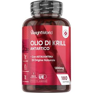 WeightWorld Olio di Krill con Astaxantina e Colina, 180 Capsule Softgel (3 Mesi di Fornitura), Omega 3 Krill Antartico 1200mg, Omega 3 EPA DHA, Fosfolipidi Marini 180mg, da Fish Oil, Astaxanthin, Senza Glutine