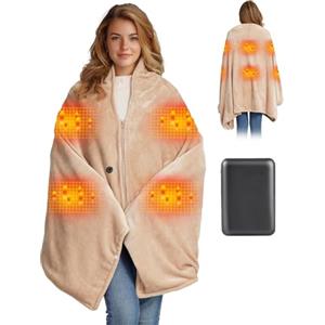 Moteoza Coperta Riscaldante Elettrica Senza Fili 160x90 cm, con Batteria 10000 mAh, 6 Zone di Riscaldamento, 3 Livelli di Temperatura, Plaid Termico USB per Casa, Ufficio, Auto, Campeggio(Kaki)