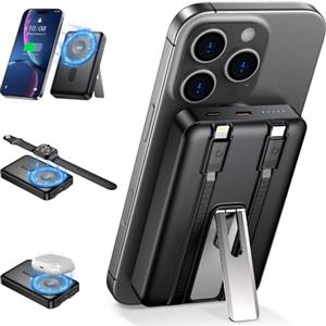 RWSRW Power Bank 10000mAh con Cavi Integrati 22.5W USB A & 20W USB C Caricatore Portatile Carica Rapida Batteria Esterna 3 in 1 pieghevole Powerbank per iPhone 16/15/14/13/12, Ipad Iwatch- Nero