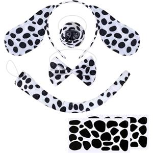 LIULINY 6 Pezzi Set Costume da Dalmata Costume Cane, Bambini e Adulti Set di Costumi da Animale Orecchie Dalmata Fascia Coda Naso Finto Papillon Adesivo, per Cani Compleanni Feste e Cosplay Halloween