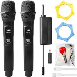 Behogan 2 microfoni senza fili, sistema di microfono a mano con ricevitore ricaricabile, doppio microfono wireless UHF, dinamico senza fili per cantare karaoke, DJ, feste (nero)