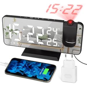 EVILTO Sveglia a Proiezione da Soffitto Radio FM - Sveglia Elettronico Bambino Schermo Specchio Doppio Allarme Display Temperatura E Umidità 4 Livelli Di Luminosità con Presa Azione-Nero