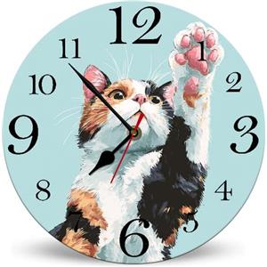 Horienteeon Orologio da parete rotondo in legno a forma di zampa di gatto blu, funzionamento a batteria, silenzioso, senza ticchettio, 25 cm, per amanti dei gatti, orologio da parete a batteria per