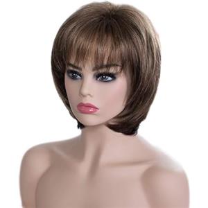 YuanYouTong Parrucca corta castano scuro da donna, taglio pixie, con frangia, castano sfumato biondo misto con radici scure, dall'aspetto naturale, capelli sintetici lisci a strati, per cosplay, feste