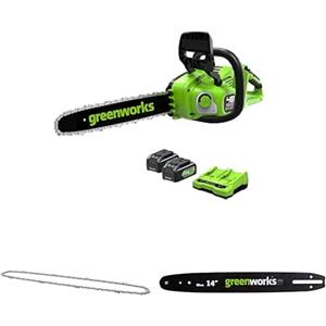 Greenworks 48V(2x24V) Motosega a Batteria con Motore Brushless, Lunghezza Barra 14 Pollice (35cm), con due 4Ah e Caricabatterie Gemello+ Greenworks 35cm Catena+ Greenworks 35cm Barra