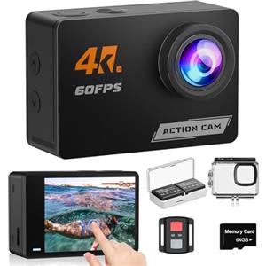 Camlance Action Cam 4K60FPS Touch Screen con Scheda Da 64GB, 131FT Fotocamera Subacquea con 8X Zoom,48MP HD WIFI Videocamera 170° Telecamera EIS,Telecomando 2x1350mAh Batterie