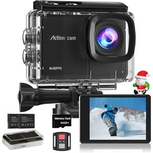 Camlance Action Cam 4K60FPS 64MP HD con Scheda SD 64GB,40M Macchina Fotografica Subacquea,Zoom 8x Videocamera,EIS,WiFi,Telecomando,2 * 1350 mAh-POV Senza Mani per Sport Estremi(Accessori Inclusi)