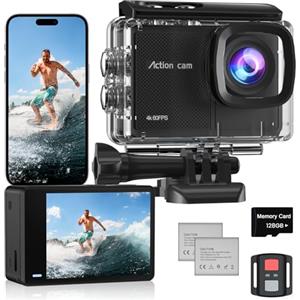 Camlance Action Cam 4K60FPS con Scheda Da 128GB, 131FT Fotocamera Subacquea con 8X Zoom,48MP HD WIFI Videocamera 170° Telecamera EIS,Telecomando 2x1350mAh Batterie